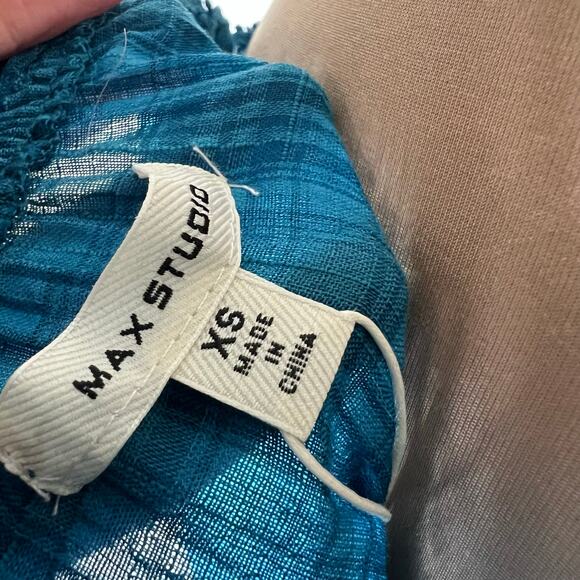 Max Studio Off The Shoulder Top XS Womens Blue Balloon Sleeve Plaid Ruffle New - Picture 8 of 9